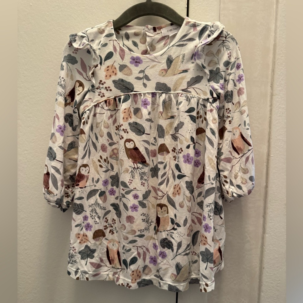 Angel Dear Owl and Floral Print Top - Purple, Brown, Cream